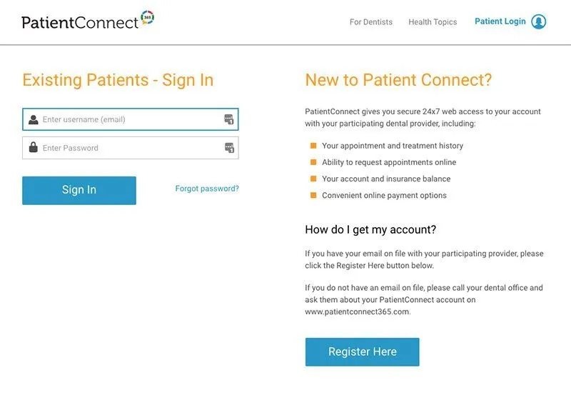 screenshot of the patient portal